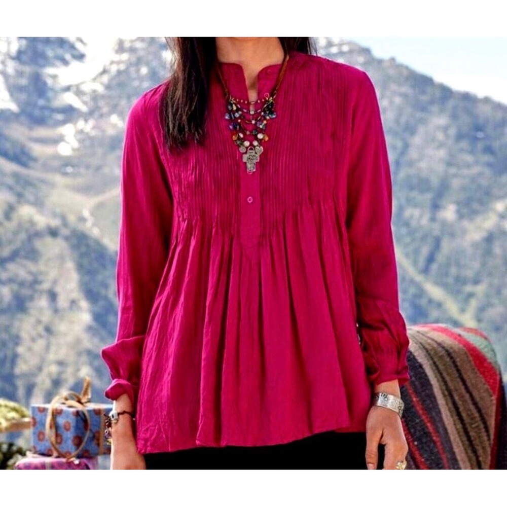 Sundance Mystic Falls Pintuck Popover Tunic Pleated Long Sleeve Blouse Small